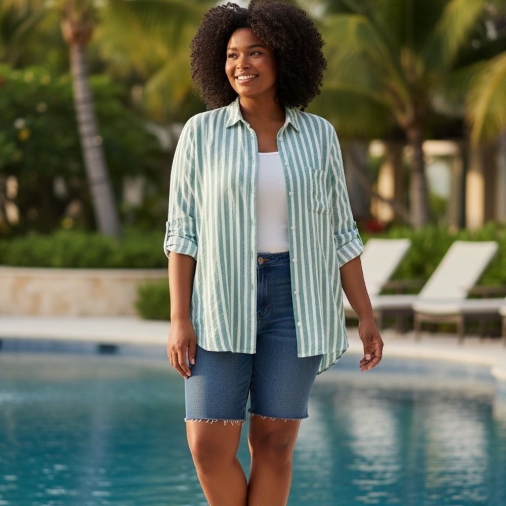 Universal Thread Linen Button Down Long Sleeve Top Sz XXL Relaxed Green Striped